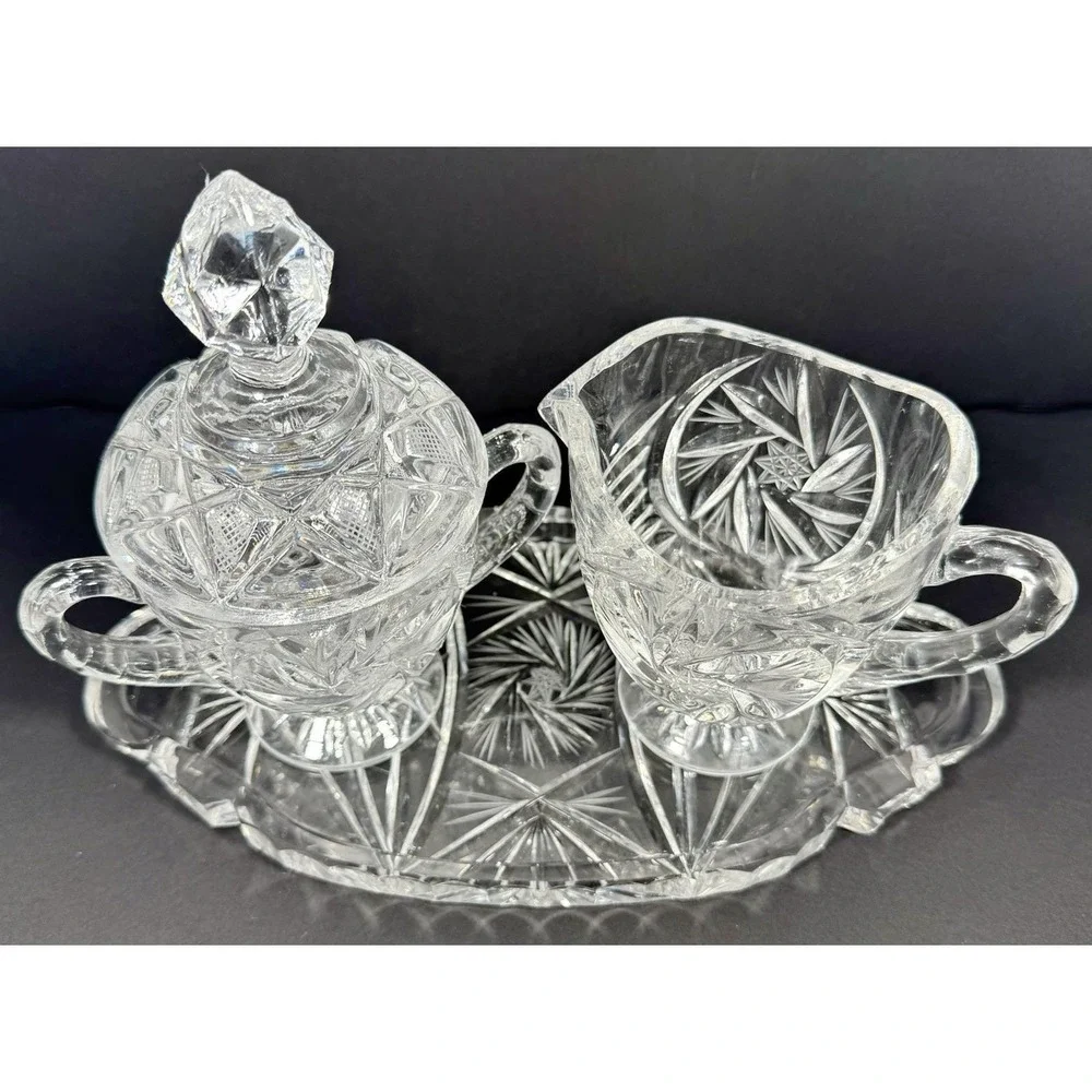 Ofnah Poland 24% Lead Crystal Creamer Sugar Bowl w/ Lid & Tray Pinwheel‎ Star Of